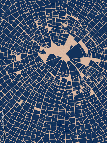Abstract vector illustration resembling a complex radial urban map or cracked surface in contrasting blue and beige colors, perfect for backgrounds