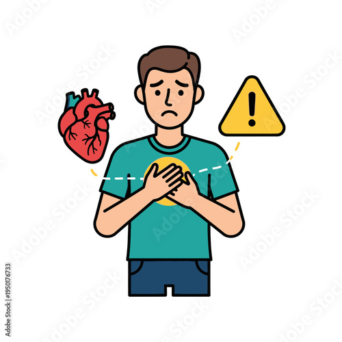 Man with chest pain, heart symbol, and warning sign - health emergency concept