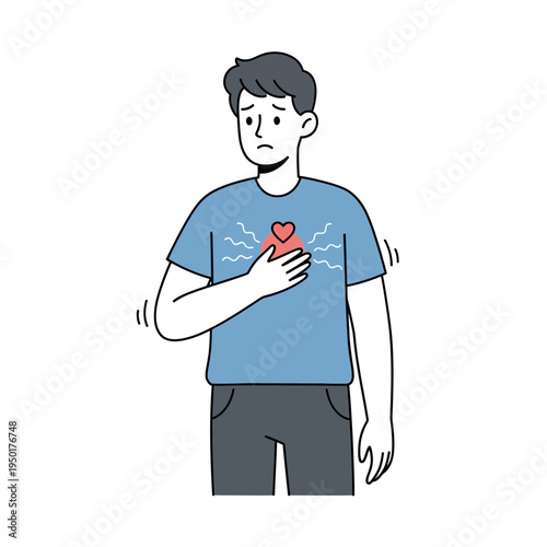 Man with chest pain, heart symbol, feeling unwell, health problem, anxiety, stress