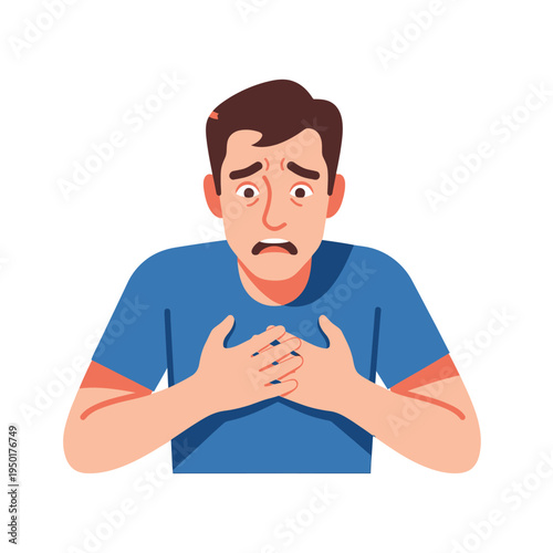 Man with chest pain, shortness of breath, and anxiety, holding his chest in distress