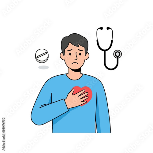 Man with chest pain, heart symbol, stethoscope and pill, medical concept