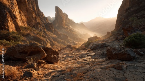 Desolate valley at twilight: cracked earth, shadowed cliffs, and eerie sunset glow