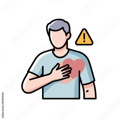 Man with hand on chest, heart symbol, and warning sign, representing heart health concerns.