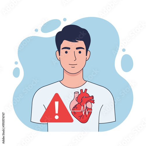 Man with distressed heart and warning sign, cardiology concept