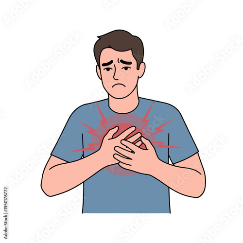 Man clutching chest in pain, heart attack symptom, chest pain, distress, medical emergency