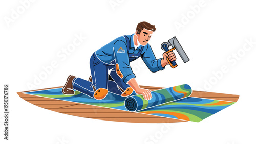 Carpet Installation Expertise: A skilled craftsman expertly installs a vibrant carpet, meticulously rolling it out and securing it with professional tools.