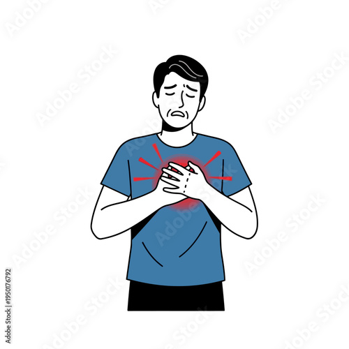Man clutching chest in pain, heart attack symptom, chest pain, medical emergency, distress