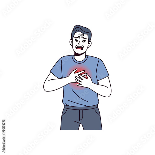 Man clutching chest in pain, heart attack symptom, chest pain, medical emergency, distress