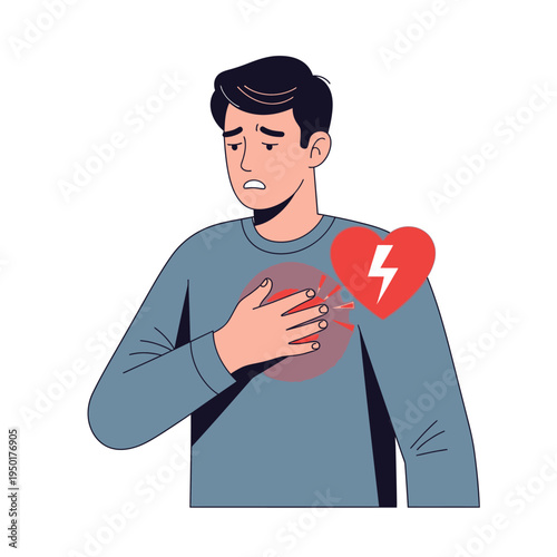 Man clutching chest in pain, heart symbol with lightning bolt, chest pain, heart attack concept