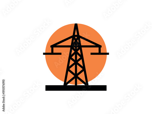 Power line tower with orange circle background electricity transmission concept in modern vector illustration isolated