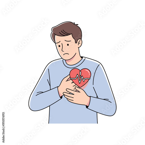 Man clutching chest with heart symbol and EKG line, experiencing chest pain or heart attack