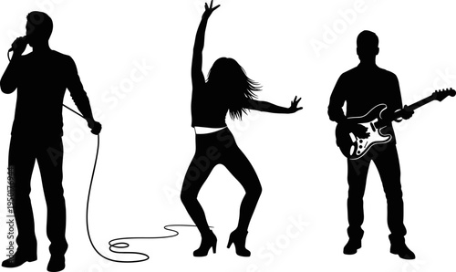 music band performance silhouettes, singer with microphone, dancing woman, electric guitarist, live concert energy, isolated black silhouettes, entertainment concept studio
