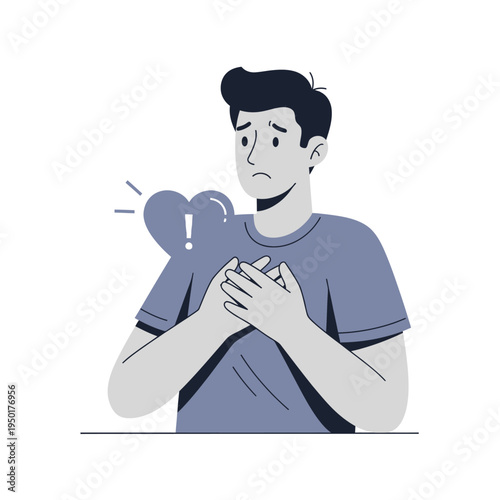 Man holding chest in pain, heart symbol with exclamation mark, health problem concept