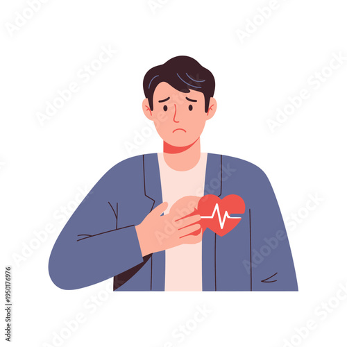 Man holding chest with heart symbol and ECG line, pain, health problem, medical concept