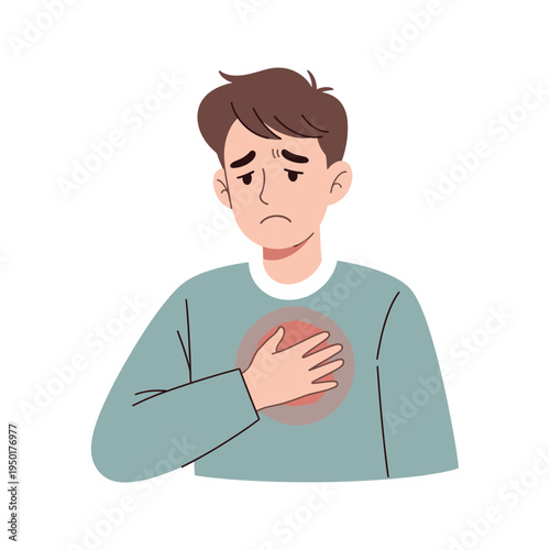 Man holding chest in pain, heart discomfort, chest pain, health problem, medical concept