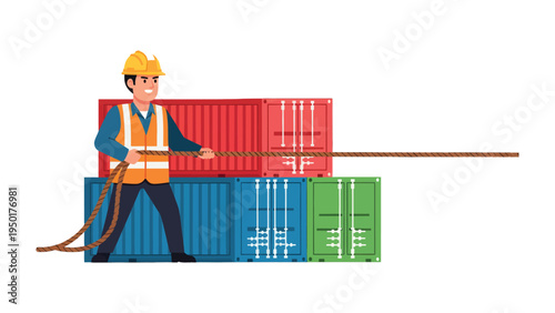 Man pulling shipping containers: A determined worker strains against the heavy weight of a collection of shipping containers, a symbol of effort and the global logistics network.