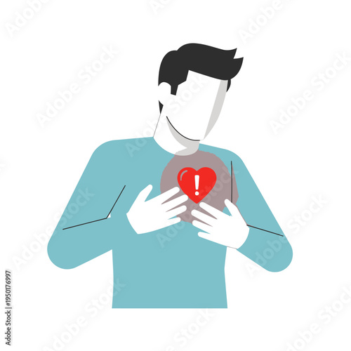 Man holding chest with red heart and exclamation mark, heart attack or chest pain concept