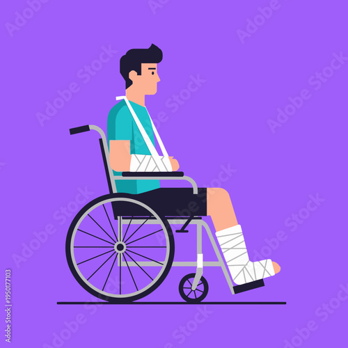 Man with broken arm and leg in wheelchair, recovery, injury, rehabilitation