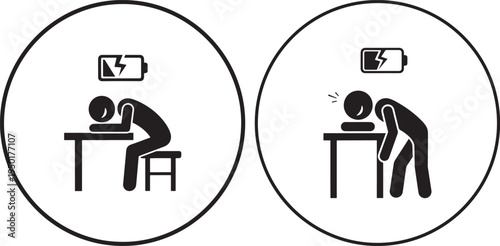 Two stick figures exhausted at desk with low battery icon, illustration for burnout or fatigue concepts, Stick Figure, Black And White, Low Energy, Mental Health