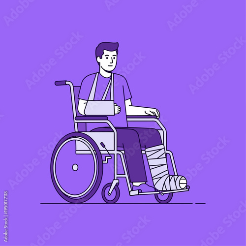 Man with broken leg and arm in wheelchair, recovery, injury, rehabilitation, medical, healthcare