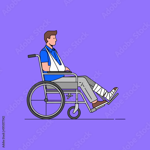Man with broken leg and arm in wheelchair, recovery, rehabilitation, medical help, injury