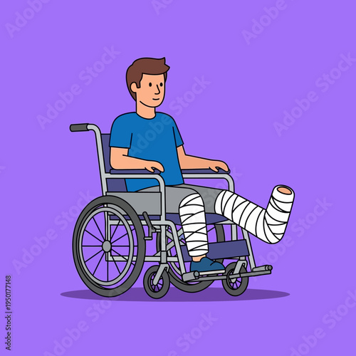 Man with broken leg in cast sitting in wheelchair, recovery and rehabilitation concept