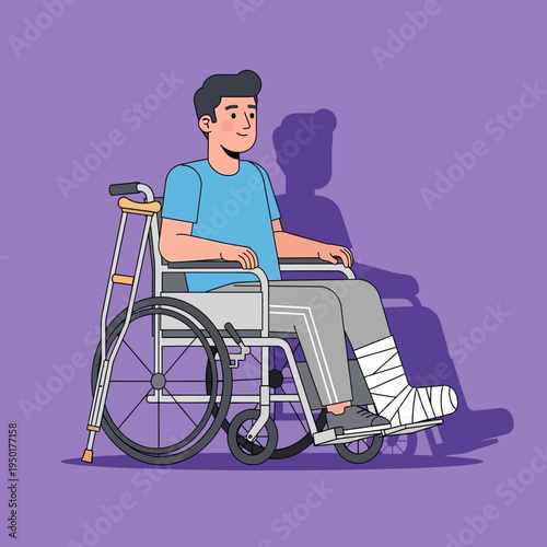 Man with broken leg in wheelchair with crutches, recovering from injury
