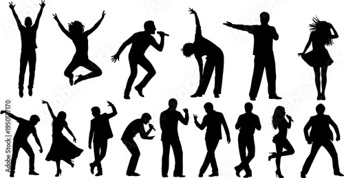 singer and dancer silhouettes, male female performers, live music concert poses, microphone vocal artists, stage entertainment, energetic show