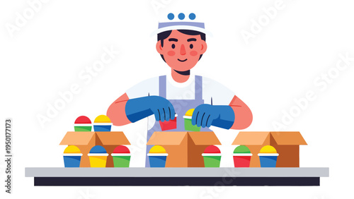 Packing Happiness: A worker at the packaging plant carefully sorts and packs vibrant colorful treats into boxes, showcasing efficiency and attention to detail.