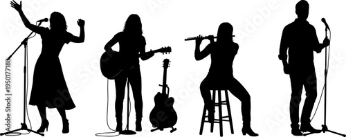 music performers silhouettes, singer guitarist flutist, live band artists, microphone stage performance, musical concert entertainment, professional 