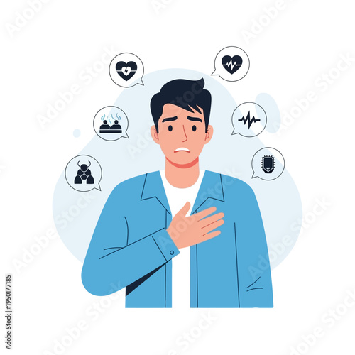 Man with chest pain and anxiety, surrounded by icons of health problems and stress