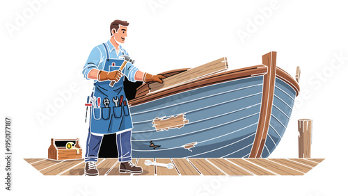 Boat Repair: A skilled craftsman meticulously repairs a weathered boat, embodying the art of restoration and craftsmanship.