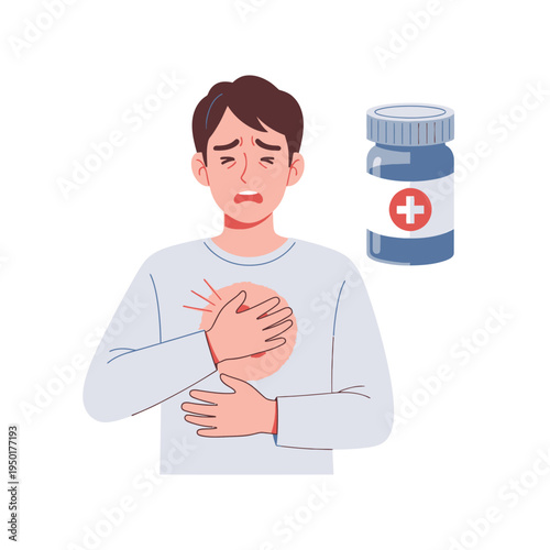 Man with Chest Pain and Medication Bottle - Heart Attack Symptoms, Healthcare Concept