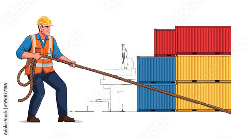 Worker Pulling Rope and Cargo: A dedicated worker grapples with a heavy rope, skillfully moving cargo containers, embodying the essence of logistics and hard work.