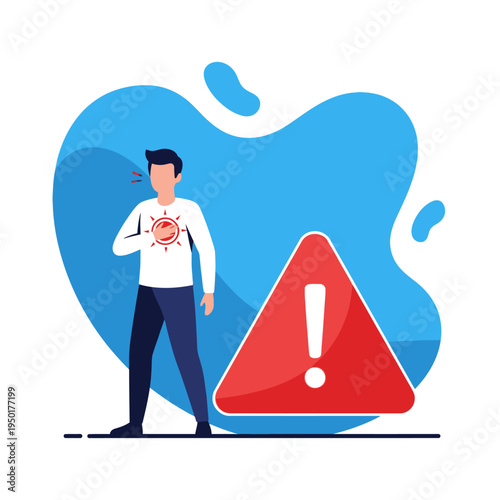Man with chest pain and warning sign, health alert, medical emergency concept