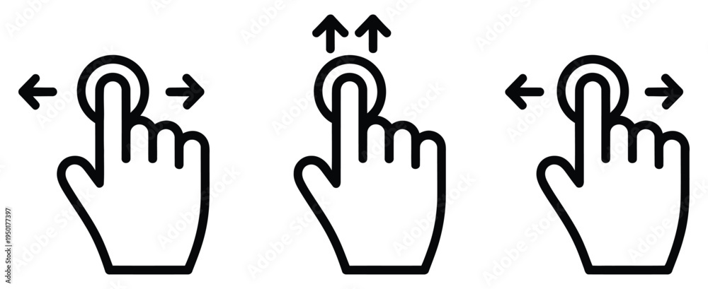 Fototapeta premium Swipe, to left, right, and up icon set featuring finger touchscreen gesture symbols, mobile interaction and navigation concept, modern flat vector illustration