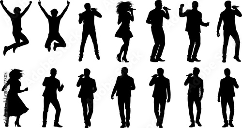 singer silhouettes collection, male female vocal performers, microphone stage poses, live music concert artists, entertainment show performance