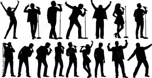 singer silhouettes collection, male female vocal performers, microphone stage poses, live music concert artists, entertainment show stage poses, live music concert artists, entertainment show p