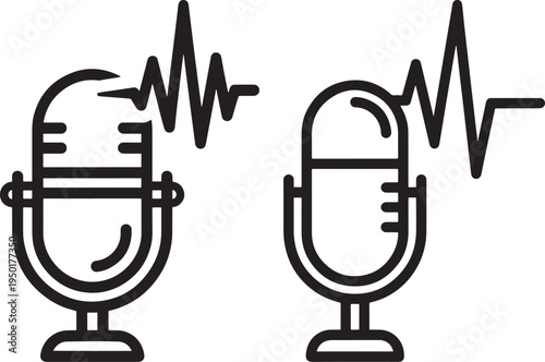 Outline Microphone Icons with Sound Waves - Vector Graphic for Podcasting, Audio Recording, and Live Broadcasting, Microphone Icon, Line Art, Podcasting Equipment