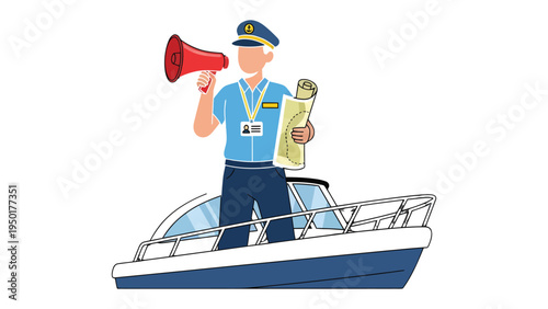 Boat Captain's Command: A captain stands confidently on his boat, holding a megaphone and a map, ready to navigate the open waters and guide his vessel.