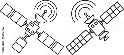 Outline of Communication Satellites - Space Technology Vector Icon with Signal Waves for Global Internet Connectivity with Communication Satellite with Solar Panels