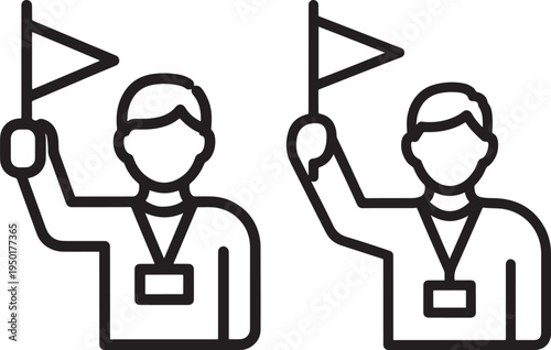 Outline Icon of People Holding Flags - Tour Guide or Event Participant Vector Graphic for Direction and Leadership with Person Flag with Flag Holder with Line Art
