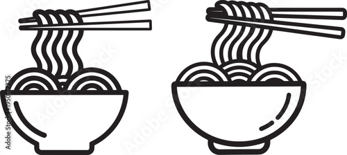 Bowls of noodles with chopsticks, Asian food, simple line art illustration, Comfort Food