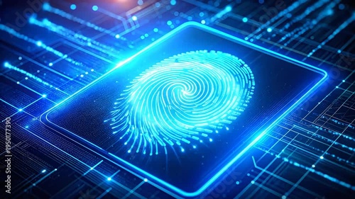 Digital fingerprint identification and cybersecurity technology with blue neon light