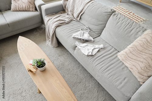 Swimsuit on grey sofa in li...