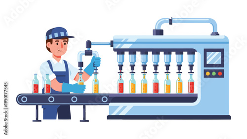 Automated Bottling Line: A worker oversees an automated bottling line, meticulously filling vibrant bottles with liquid. A symbol of industrial efficiency and precision.
