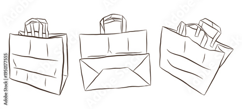 Hand-drawn doodle vector illustration set of paper shopping bags in different angles and styles. Concept of eco-friendly packaging, retail, shopping, and reusable bags.