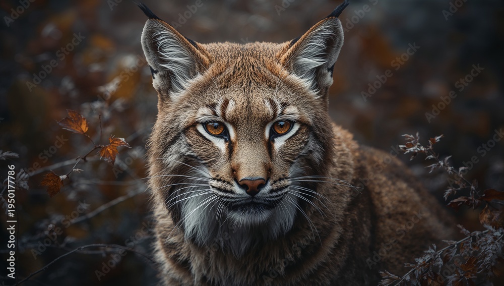 Obraz premium Staring Eurasian lynx holding amber eyes forward in temperate forest understory, with dried leaves