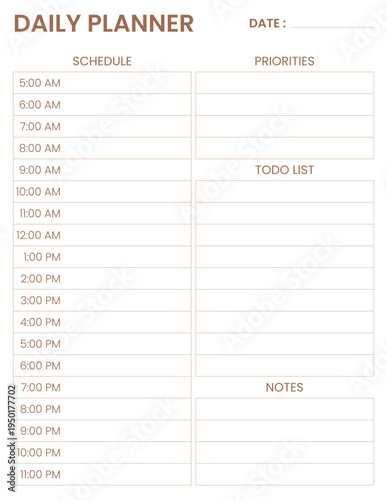 Daily planner schedule, priority list and notes section, professional time management form