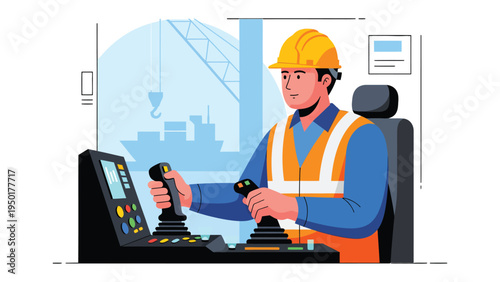 Crane Operator at Work: A skilled crane operator, donned in a safety helmet and vest, navigates the controls of a heavy machinery in an industrial setting, expertly maneuvering a shipping crane.